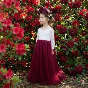 Girls' Burgundy and White Lace Tulle Formal Dress